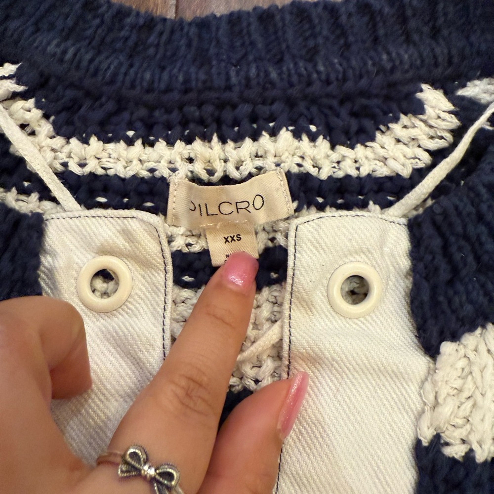Pilcro Bell-Sleeve Henley Sweater Striped Navy Blue Cream size XXS - Picture 3 of 12